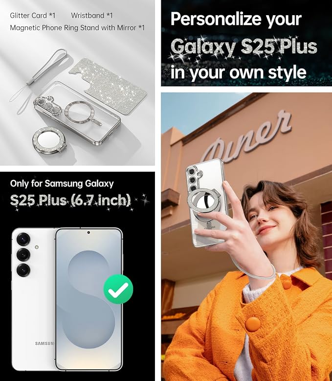 Meifgino Magnetic Case with Removable Phone Ring Stand for Samsung Galaxy S25 Plus, [Glitter Card & Wrist Strap] [MagSafe Compatible] [Built in Mirror] Phone Ring Stand + Phone Case Kit, Silver