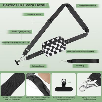 YFWE Clip and Go Strap for Phone with Wallet Crossbody, Adjustable Phone Lanyard with Detachable RFID Wristlet Wallet, Phone Strap with Phone Tabs for All Phones, Black Checkered (M)