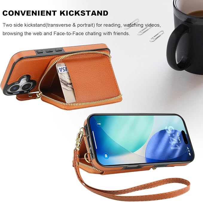 Bocasal RFID Blocking Wallet Case for iPhone 17, Adjustable Crossbody Zipper Purse Case Card Holder with Kickstand Detachable Wrist Strap, PU Leather Flip Folio Case 6.3 Inch 5G (Brown)