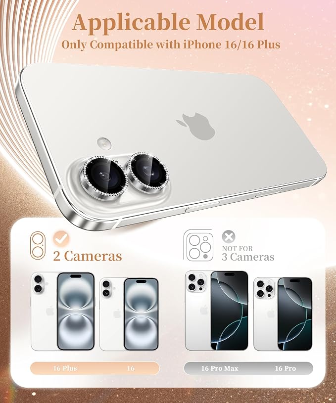 GolbinBox Camera Lens Protector for iPhone 17/16/16 Plus, 1:1 Invisible Fit, 9H Tempered Glass Ultra HD Metal Individual Camera Cover for Women, Case Friendly, Bling/Silver
