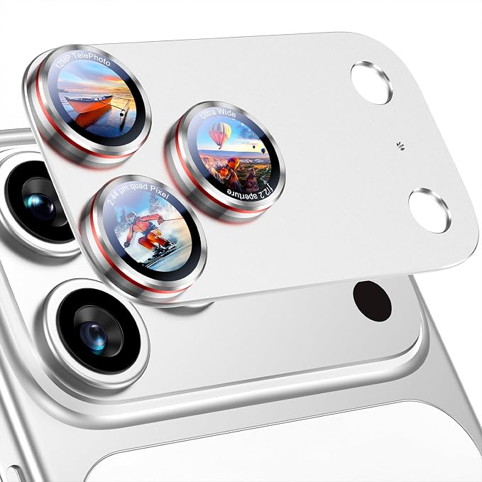 Uyiton for iPhone 17 Pro Max Camera Lens Protector - [Unique Typography + Phone Lens Red Circle Design] Metal Tempered Glass Camera Cover, Silver + Red