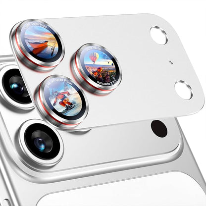 Uyiton for iPhone 17 Pro Max Camera Lens Protector - [Unique Typography + Phone Lens Red Circle Design] Metal Tempered Glass Camera Cover, Silver + Red