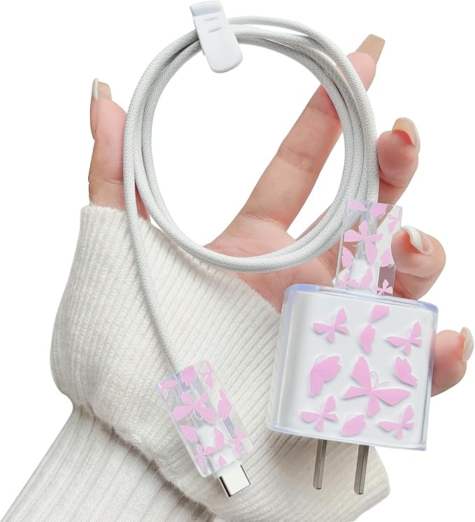 Lovmooful Compatible for iPhone 18W/20W USB-C Charger Cover Clear Lovely Butterfly Design Soft Charger Protector Cute Cable Case Saver Protector for Girls Women-Pink Butterfly