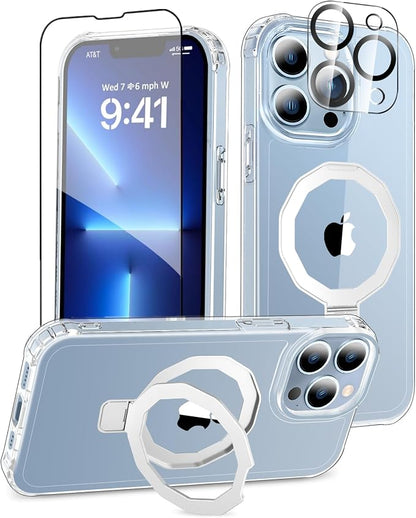 for iPhone 13 Pro Case, with Screen Protector + Camera Lens Protector, Built-in Seamless Stand, [Compatible with MagSafe] Protective Shockproof Phone Case, Cover for iPhone 13Pro - Clear
