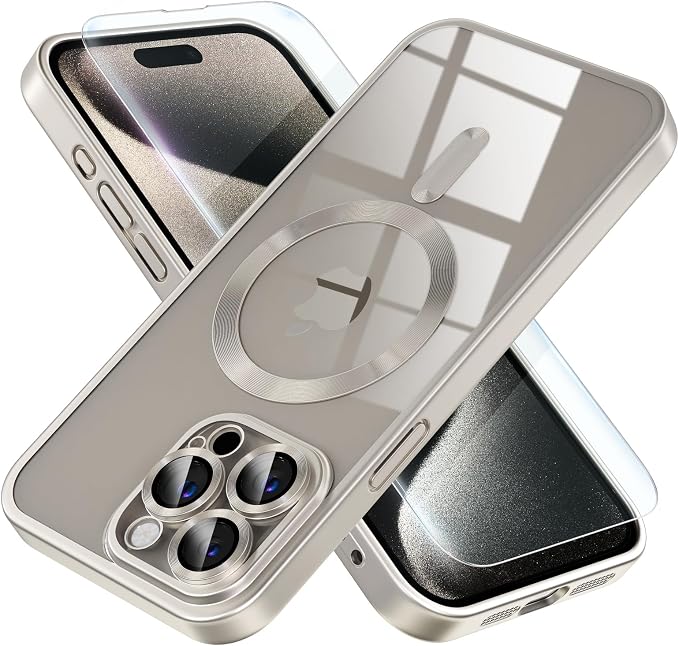 Misea Magnetic for iPhone 15 Pro Max Case [Never Yellowing] [Military Grade Drop Protection] Full Camera Lens Protector Soft Clear Phone Case for Women Girls, Titanium Natural