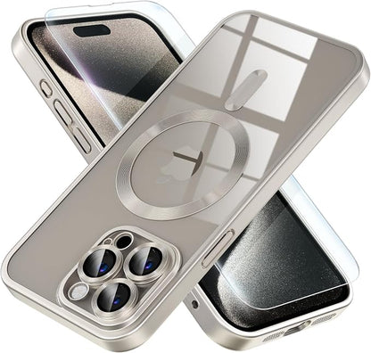 Misea Magnetic for iPhone 15 Pro Max Case [Never Yellowing] [Military Grade Drop Protection] Full Camera Lens Protector Soft Clear Phone Case for Women Girls, Titanium Natural