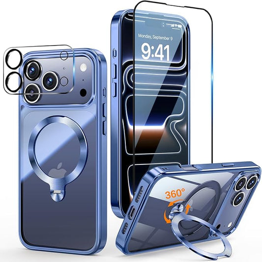 [Tri-Shield Protection] for iPhone 17 Pro Max Case with 360° Spin Stand Compatible with MagSafe [Magnetic CD Ring][Screen & Camera Lens Protector] Shockproof Plating Never-Yellowing, Blue-6.9"