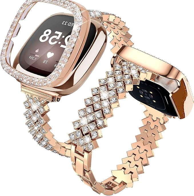 Bling Watch Band Compatible with Fitbit Versa 4/ Fitbit Sense 2 for Women, Adjustable Crystal Alloy Strap Rhinestone Stainless Steel Metal Wristband Replacement for Fitbit Sense2/Versa 4(Rose Gold)