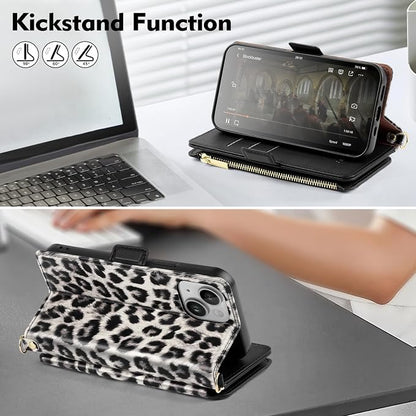 Antsturdy Compatible with iPhone 15 Wallet Case for Women【RFID Blocking】 Crossbody Phone Case PU Leather Zipper Wrist Strap Flip Cover Credit Card Holder Slots,for Apple 15 6.1",Leopard-White/Black