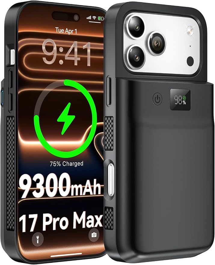 PANDUK Battery Case for iPhone 17 Pro Max, Fast Charging Case 9300mAh Portable Protective Wireless Support Carplay Compatible with iPhone 17 Pro Max 6.9 inch Rechargeable Battery Charger Cover(Black)