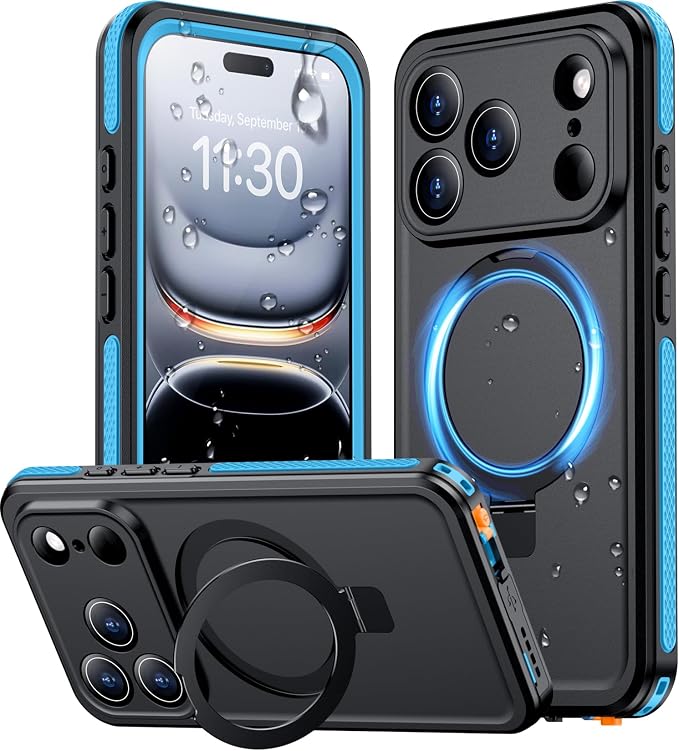 Temdan Magnetic Compatible with iPhone 17 Pro Case,Waterproof Built-in Screen & Camera Protector IP68 Underwater Full Body 17FT Military Dropproof Shockproof Phone Case 6.3"-Blue/Black