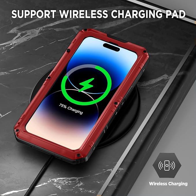 Beasyjoy Waterproof Case for iPhone 14 Pro, Metal Full Body Sealed Phone Case with Built-in Screen Protector, Military Grade Heavy Duty Defender Armor Shockproof Rugged Case 6.1 Inch, Red