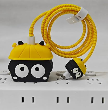 Compatible with iPhone 18W/20W USB-C Charger Protector Cover, 3D Cute Cartoon Charger Case for Apple iPhone 20W USB-C Power Adapter and Lightning Cable Protective Wire Saver (Yellow Hat Black)