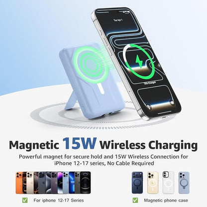 Azmuth Magnetic Power Bank,10000mAh for MagSafe Battery Pack, 22.5W PD Fast Charging,LED Display & Foldable Stand Wireless Portable Charger for iPhone 17/16/15/14/13/12/Pro/Pro Max/Plus,Light Blue