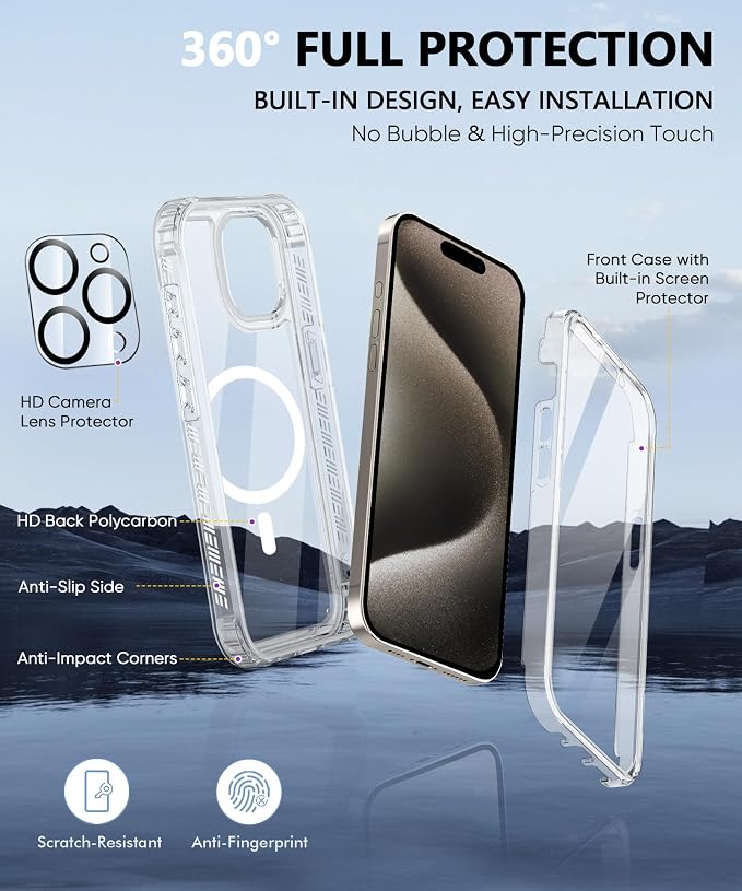Compatible with iPhone 15 Pro Case Clear, Built-in Screen Protector, with Camera Lens Protector, [Compatible with MagSafe] Full Body Phone Case, Protective Cover for 15Pro 6.1" (Clear)