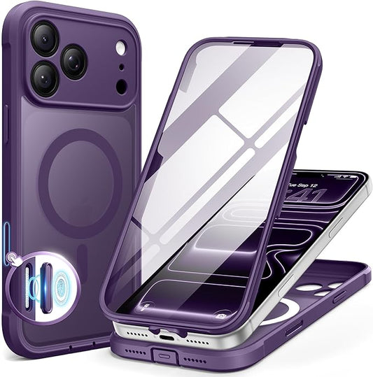 BERFY for iPhone 17 Pro Case, Compatible with MagSafe, Built-in Glass Screen Protector, Camera Protection, Shockproof Full Body Phone case 6.3", Translucent Deep Purple