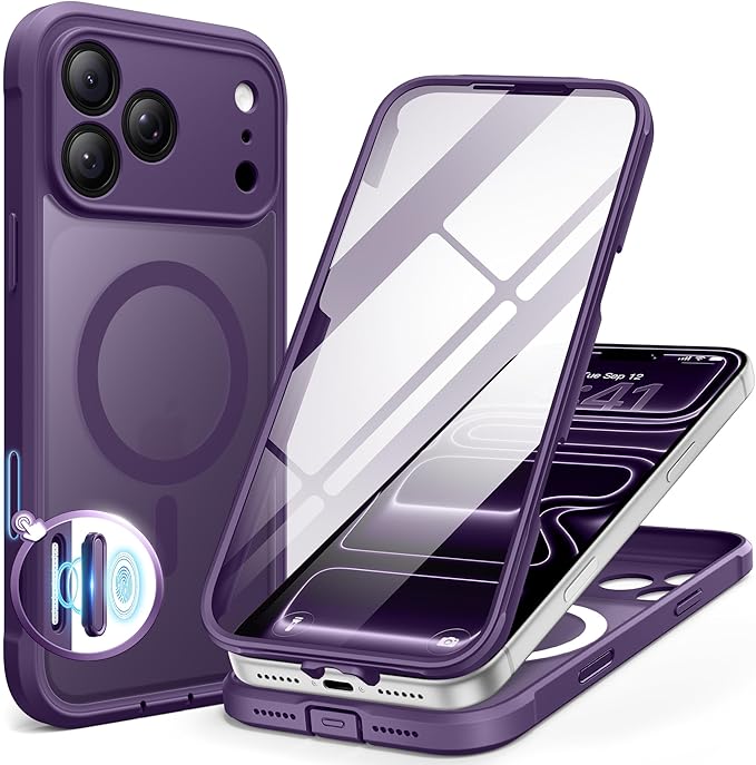 BERFY for iPhone 17 Pro Max Case, Compatible with MagSafe, Built-in Glass Screen Protector, Camera Protection, Shockproof Full Body Phone case 6.9", Translucent Deep Purple