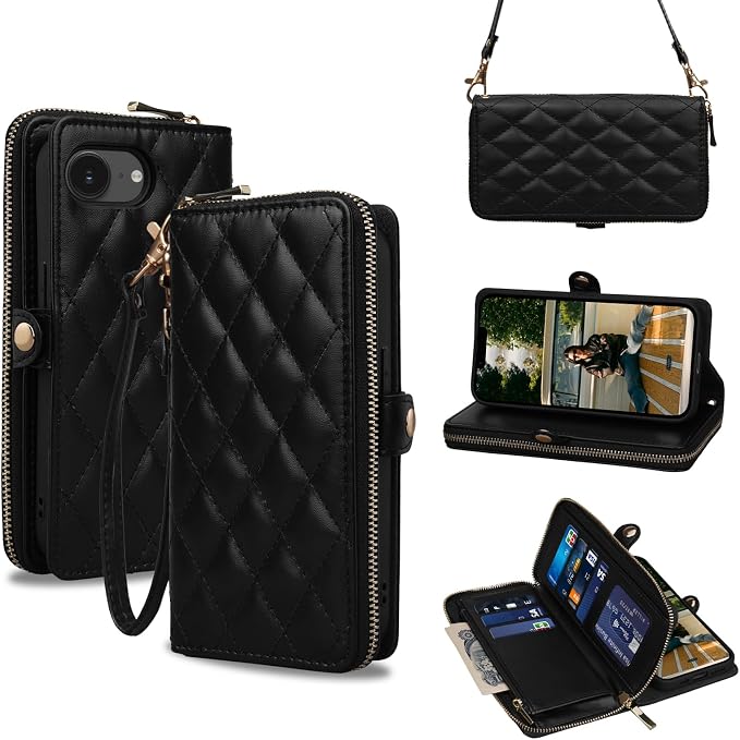 Rssviss Crossbody Case for iPhone 17e and 16e Case Wallet, RFID Blocking Leather Case with Card Holder Kickstand, Handbag Zipper Flip Cover with Wrist Strap for iPhone 17e Men Women 6.1", Black