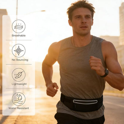 Slim Running Belt for Men Women - No-Bounce Phone Holder Waist Pack, Runners Fanny Pack with Sweat-Proof Pocket ，Travel Money Pouch for Gym/Hiking/Cycling (Light Black)