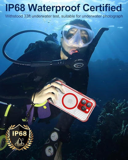 for iPhone 15 Pro Waterproof Case with Magsafe, Built-in [Camera & Screen Protector] [Lanyard], IP68 Water Proof Full Body Dustproof Heavy Duty Frosted Protective Phone Cover, 6.1" Red