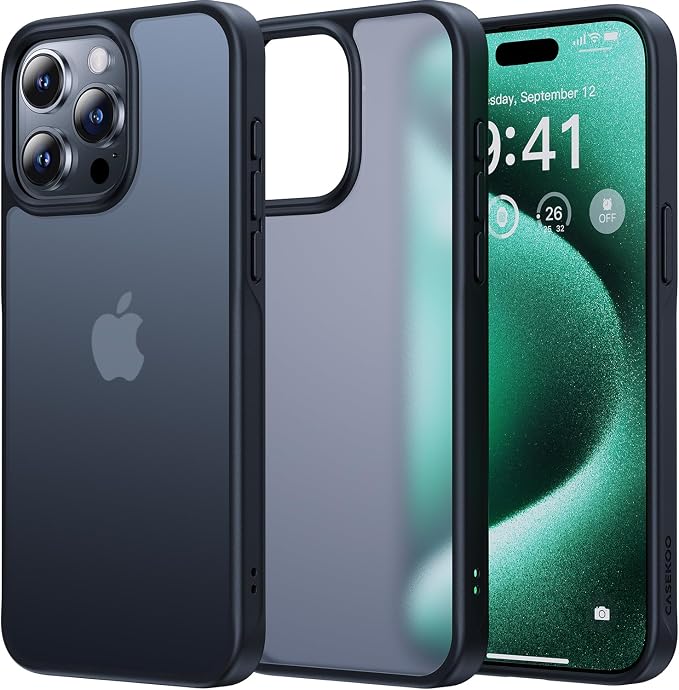 CASEKOO for iPhone 15 Pro Case, [Never Yellow Technology] [Mil-Grade Drop Protection] Translucent Slim Cover Women Men for iPhone 15 Pro Phone Case 6.1 inch, Frosted Black