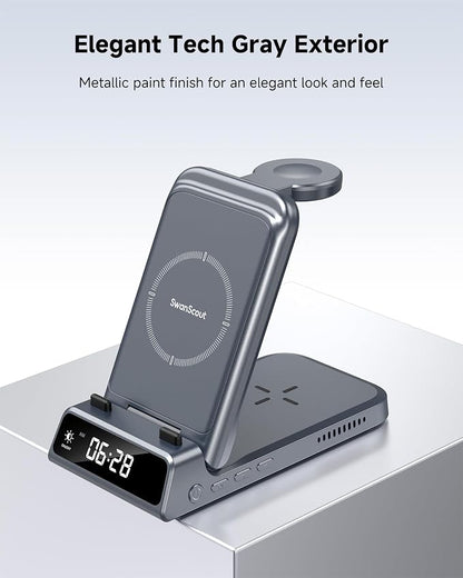 Charging Station for iPhone Air/17, SwanScout 703A, Wireless Charger for iPhone 16/15/14/13/12/11 Series, for Apple Watch 10/Ultra 2/9/8/7/SE 2, for Airpods Pro 3, Foldable and Portable (Tech Grey)