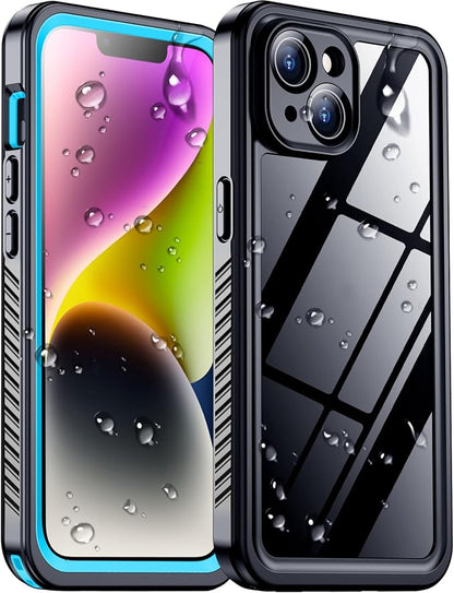 Temdan Compatible with iPhone 14 Case Waterproof, Built-in Screen & Camera Protector IP68 Underwater Full Body 14FT Military Dropproof Shockproof Phone Case 6.1"-Blue/Clear