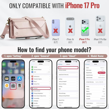 Strapurs Wallet Case Compatible with iPhone 17 Pro 6.3" RFID Blocking 9-Card Holder Soft PU Leather Magnetic Snap Shoulder Strap Zipper Pocket Phone Case Fit for iPhone 17 Pro for Women - Rose Gold