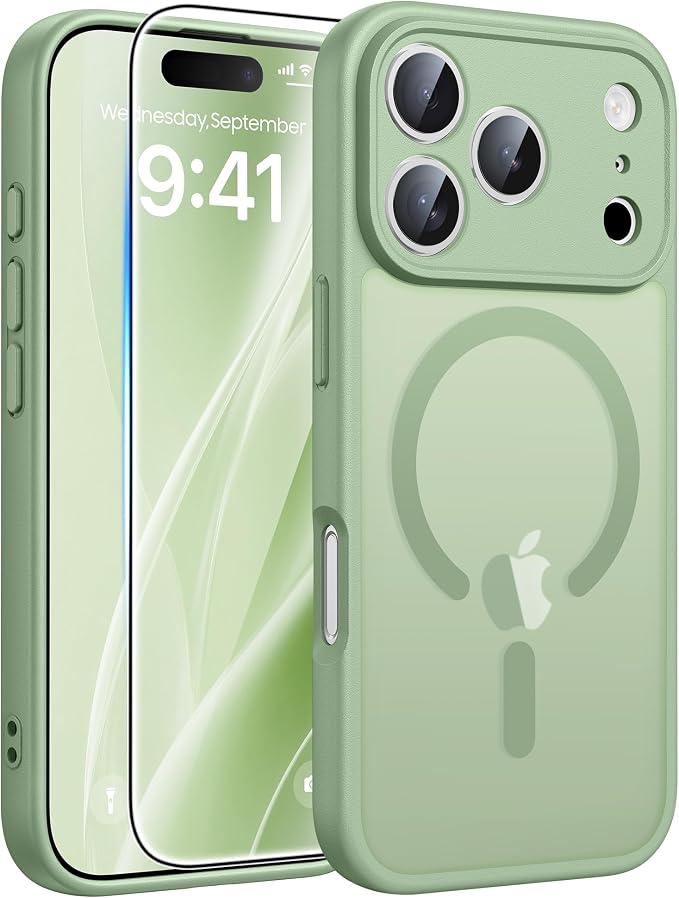 FNTCASE for iPhone 17 Pro Max Case: [Compatible with Magsafe] Translucent Matte Cases with [Full Camera Protection] [Screen Protector] Military Grade Shockproof Protective Phone Cover - Light Moss