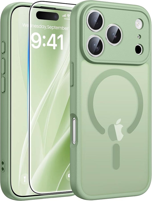 FNTCASE for iPhone 17 Pro Max Case: [Compatible with Magsafe] Translucent Matte Cases with [Full Camera Protection] [Screen Protector] Military Grade Shockproof Protective Phone Cover - Light Moss