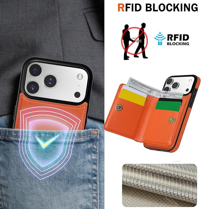 LOHASIC for iPhone 17 Pro Case Wallet with Card Holder, 360° Rotation Ring, RFID Blocking, 5 Card Slots, PU Leather 6.3" Cover for Apple 17 Pro Men Women, Orange