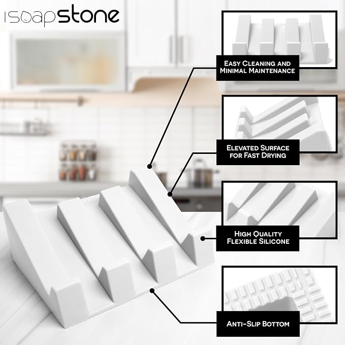 Silicone Soap Dish (USA Patented) Self Draining Bar Soap Holder for Shower Bathroom Sink, Drying Soap Dish Tray Kitchen Sponge Holder Easy Cleaning Soap Saver Mat (Pure White, 1)