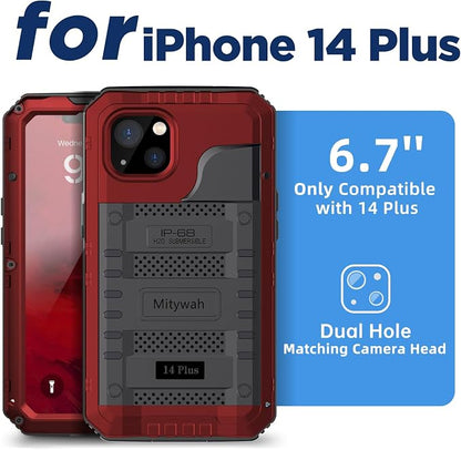 Mitywah Waterproof Case for iPhone 14 Plus, Heavy Duty Shockproof Case with Built-in Screen Protector, Full Body Underwater Protective Metal Case 6.7 inch, Red