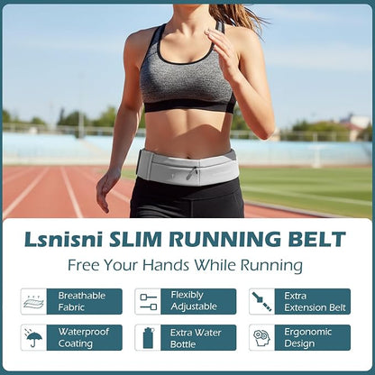 Lsnisni Slim Running Belt for Men and Women, Running Waist Pack with Water Bottle & Towel, Multi Pocket Fanny Pack - Phone Holder, Adjustable for Running, Climbing - Medium - Grey