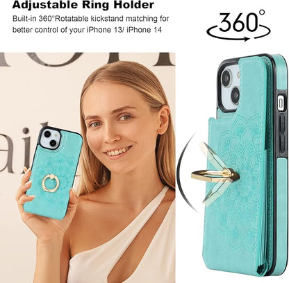 HAOPINSH for iPhone 13/ iPhone 14 Wallet Case with Card Holder, 360°Rotation Ring Kickstand, Green Mandala Pattern, RFID Blocking Leather for Girls Women, Double Buttons Flip Protective Cover 6.1"