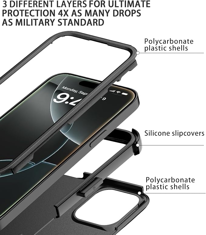 for iPhone 16 Pro Case [Shockproof] [Dropproof] [with Screen Protector ] Heavy Duty Protection Phone Case Cover - Black