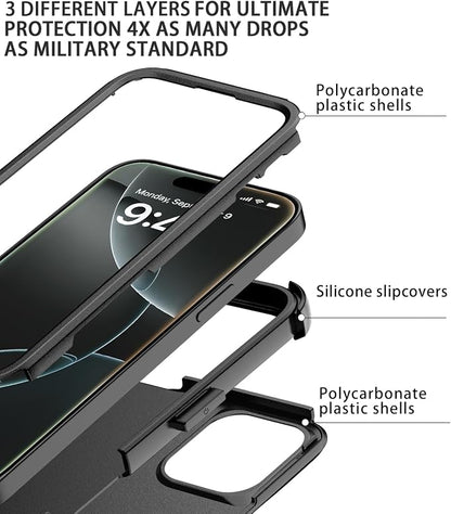 for iPhone 16 Pro Case [Shockproof] [Dropproof] [with Screen Protector ] Heavy Duty Protection Phone Case Cover - Black