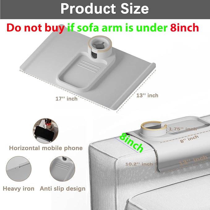 Couch Cup Holder Tray for 8 inch Sofa Arm,Silicone Couch Drink Holder-Flexible Couch Caddy for Phone, Snacks, and Remotes - Anti-Spill & Anti-Slip Couch Arm Table - Gray