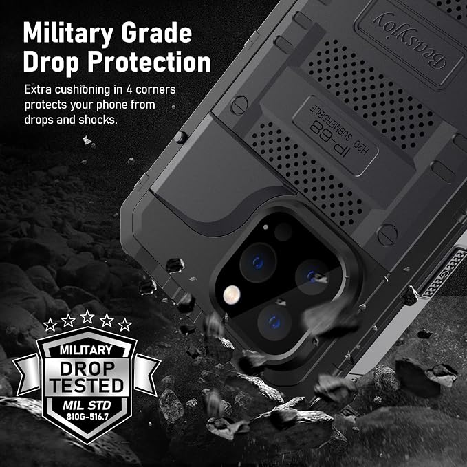 Beasyjoy Waterproof Case for iPhone 13 Pro, Metal Case with Built-in Screen Protector, Defender Full Body Protective Military Grade Heavy Duty Rugged Shockproof Phone Case 6.1 Inch, Black