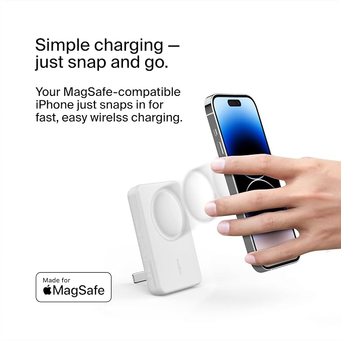 Belkin Portable Charger, Wireless Power Bank 5000 mAh MagSafe Charger 7.5W, Built-in Pop-up Kickstand - iPhone 17, Air, Pro, Pro Max, AirPods, Apple Watch, Google Pixel 10, etc. - White
