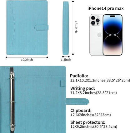 Wonderpool A4 PU Leather Portfolio Holder Ring File Document Case with Removable Binder Clipboard, Multi Pocket and Legal Pad for Business Organizer Interview and Meeting (Light Blue)