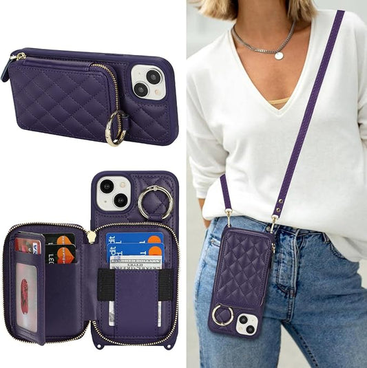 Crossbody Wallet Case for iPhone 14 Plus, PU Leather Zipper Handbag Purse Flip Cover, Kickstand Folio Case with Card Slots Holder Wrist Strap Lanyard 5G 6.7 Inch-Purple