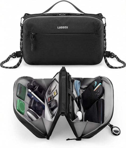 LUGGEX Electronics Organizer Travel Case, Tech Pouch with Crossbody Strap | Magnetic Design, Dual Accessories Bag, Straps, Hooks, Front pocket, Water Resistant, Waterproof pocket, CBX01 Beige