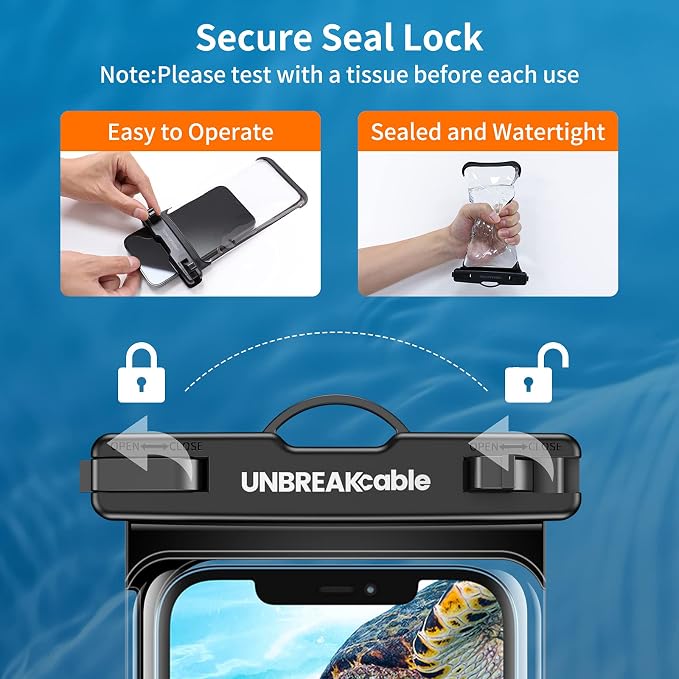 UNBREAKcable Waterproof Phone Pouch-2 Pack IPX8 Waterproof Phone Case for iPhone 16 15 14 13 12 11 Pro Max & Samsung S25 S24 S23-Dry Bag & Travel Essentials for Beach, Pool, Kayak & Cruise-7" Black