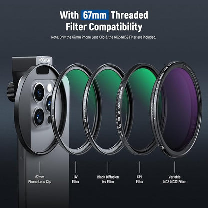 NEEWER 67mm Clip On Variable ND Filter Kit with Cold Shoe Phone Clip, Adjustable ND2-32 Filter Compatible with iPhone 17 16 15 Pro Max Plus Android Samsung Galaxy S24 S25 Ultra