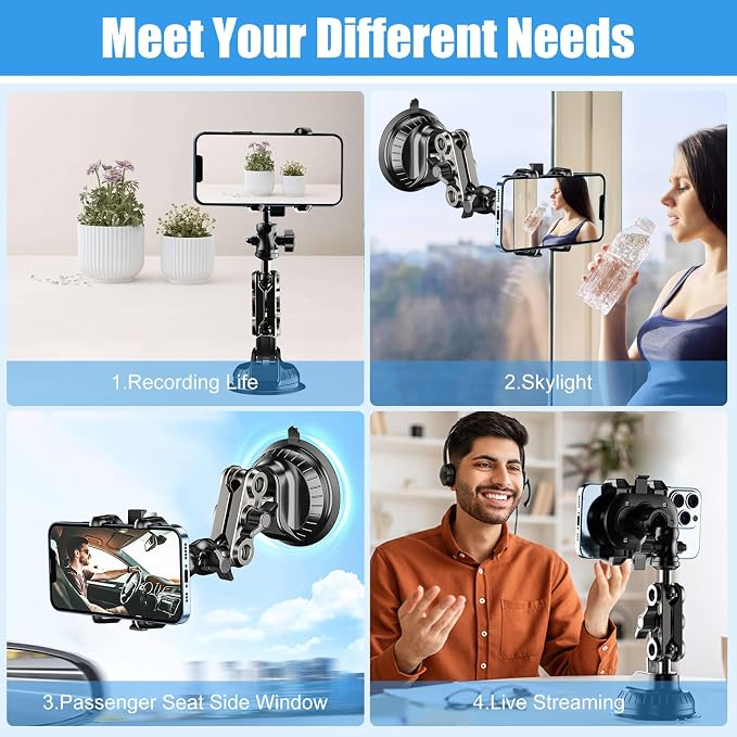 Car Phone Mount Video Recording, Universal 360° Rotating Arm Suction Cup Car Phone Holder Vlog Selfie Live Streaming Heavy Duty Car Phone Mount for Dashboard, Windshield, Sunroof (Black)