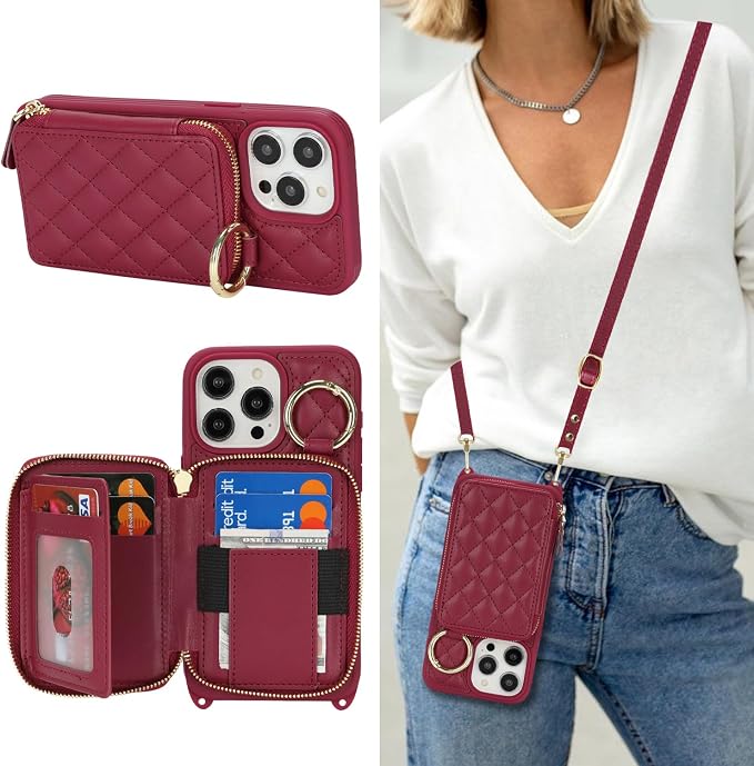 Crossbody Wallet Case for iPhone 14 Pro Max, PU Leather Zipper Handbag Purse Flip Cover, Kickstand Folio Case with Card Slots Holder Wrist Strap Lanyard 5G 6.7 Inch-Dark red