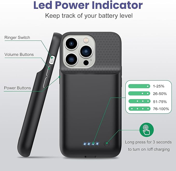 Feob Battery Case for iPhone 15 Pro, [2025 Upgraded] 7500mAh Portable Charging Case Rechargeable Protective Ultra-Slim Charger case Only for iPhone 15Pro (6.1 Inch), Black