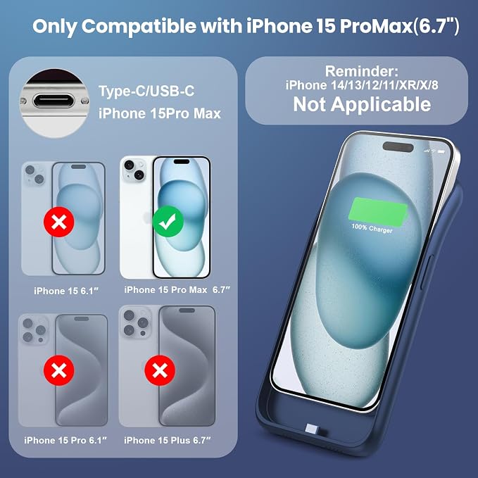 Battery Case for iPhone 15 Pro Max,Powerful 8600mah Ultra-Slim Protective Charging Case,15W Fast Charging Portable Rechargeable Expandable Battery Charger Cover for iPhone 15 Pro Max(6.7inch)-Blue