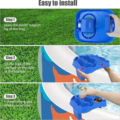 Hot Tub Side Table Tray with 2 Cup Holders, Foldable Drink Holder and Snacks Tray Outdoor Hot Tub Accessories for Inflatable Spa/Pool/Bathtub (Blue)